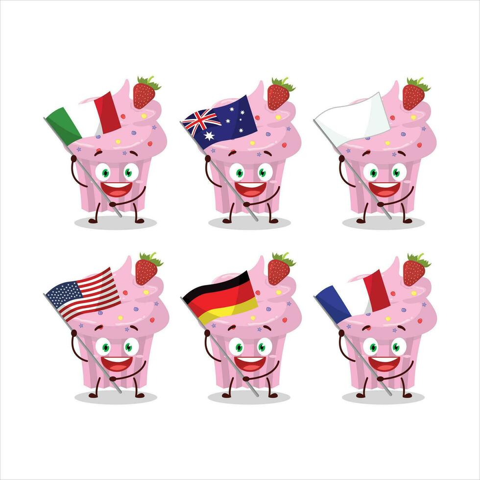 Strawberry muffin cartoon character bring the flags of various countries vector