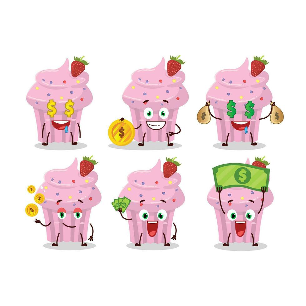Strawberry muffin cartoon character with cute emoticon bring money vector