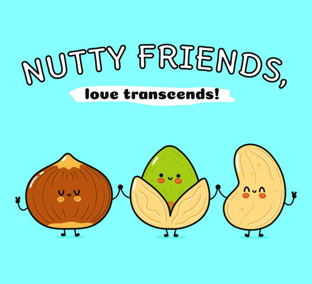 Cute, funny happy hazelnut, pistachio and cashews nut vector
