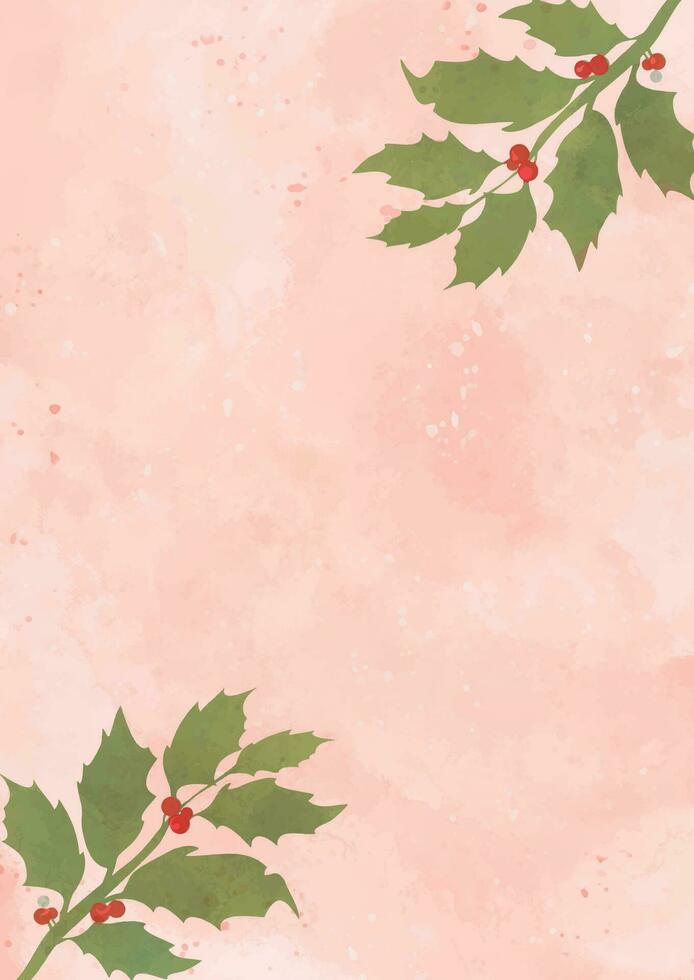 decorative hand painted Christmas background design with holly leaves and berries vector