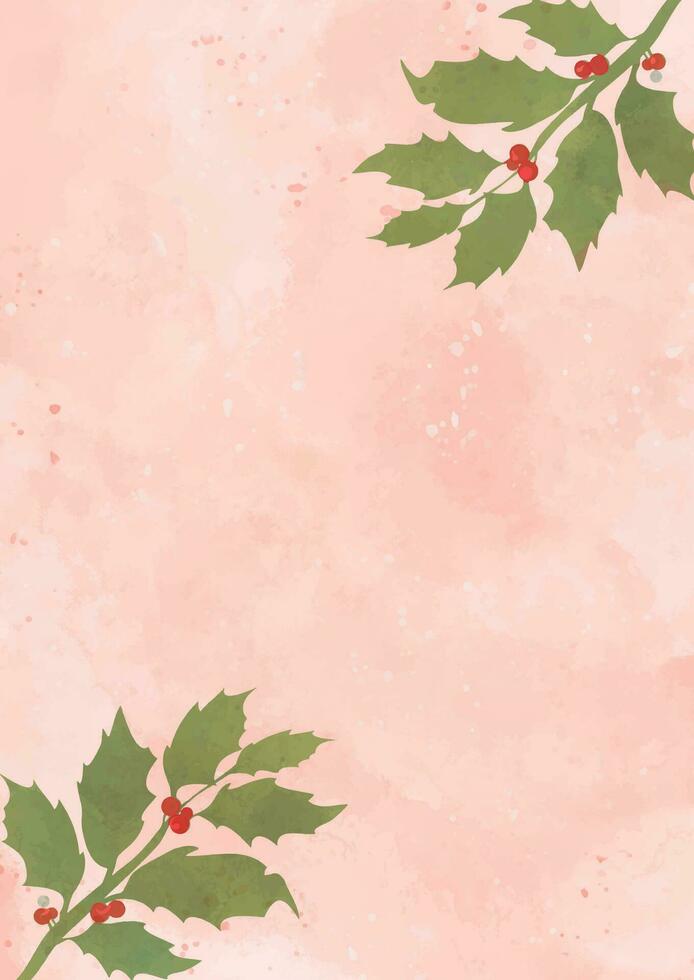 decorative hand painted Christmas background design with holly leaves and berries vector