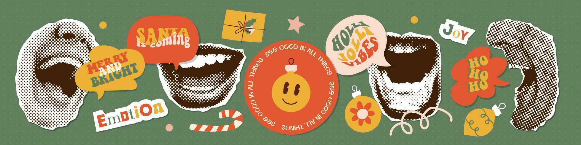 Emotional vintage halftone mouth elements with warm Christmas Greetings in speech bubbles. Paper torn out mixed media stickers with bright doodle elements. Vector illustrations pack.