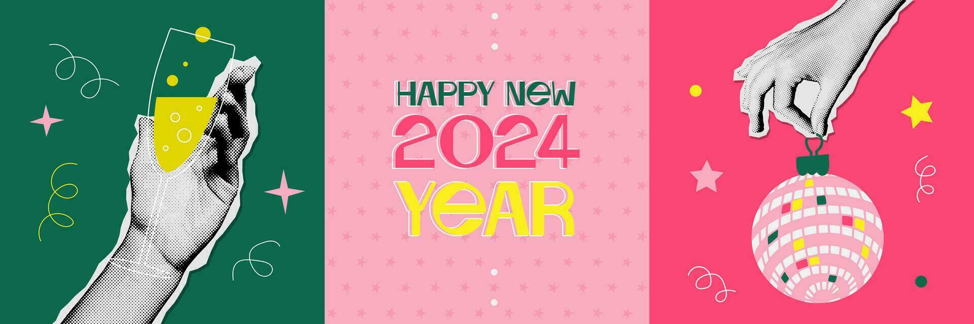 2024 New year greeting cards set with retro halftone collage elements - hands holding champagne glass and mirror ball. Trendy halftone mixed media 90s style. Happy New Year vector banner.