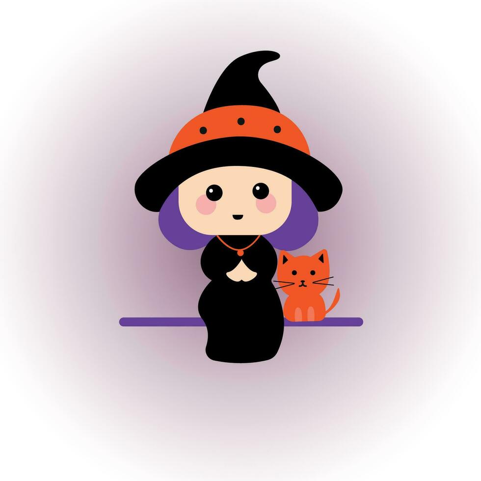 Vector illustration of a cute witch with a cat.