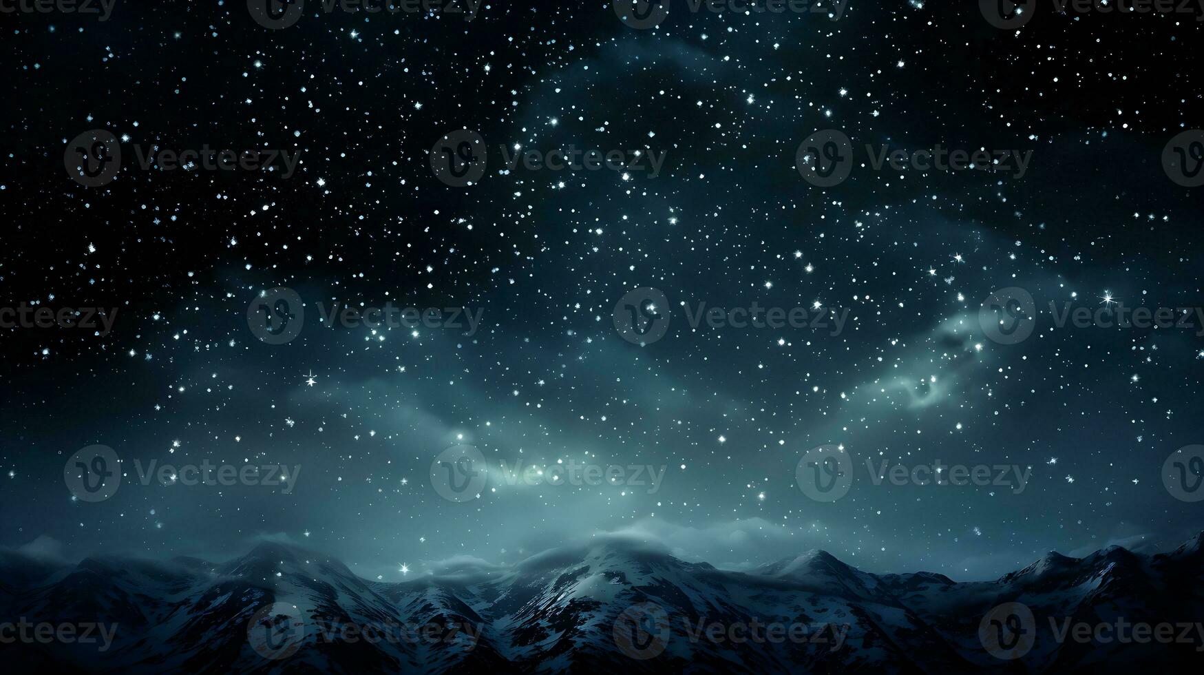 Abstract background with stars in the dark sky, it's snowing. Generative AI photo