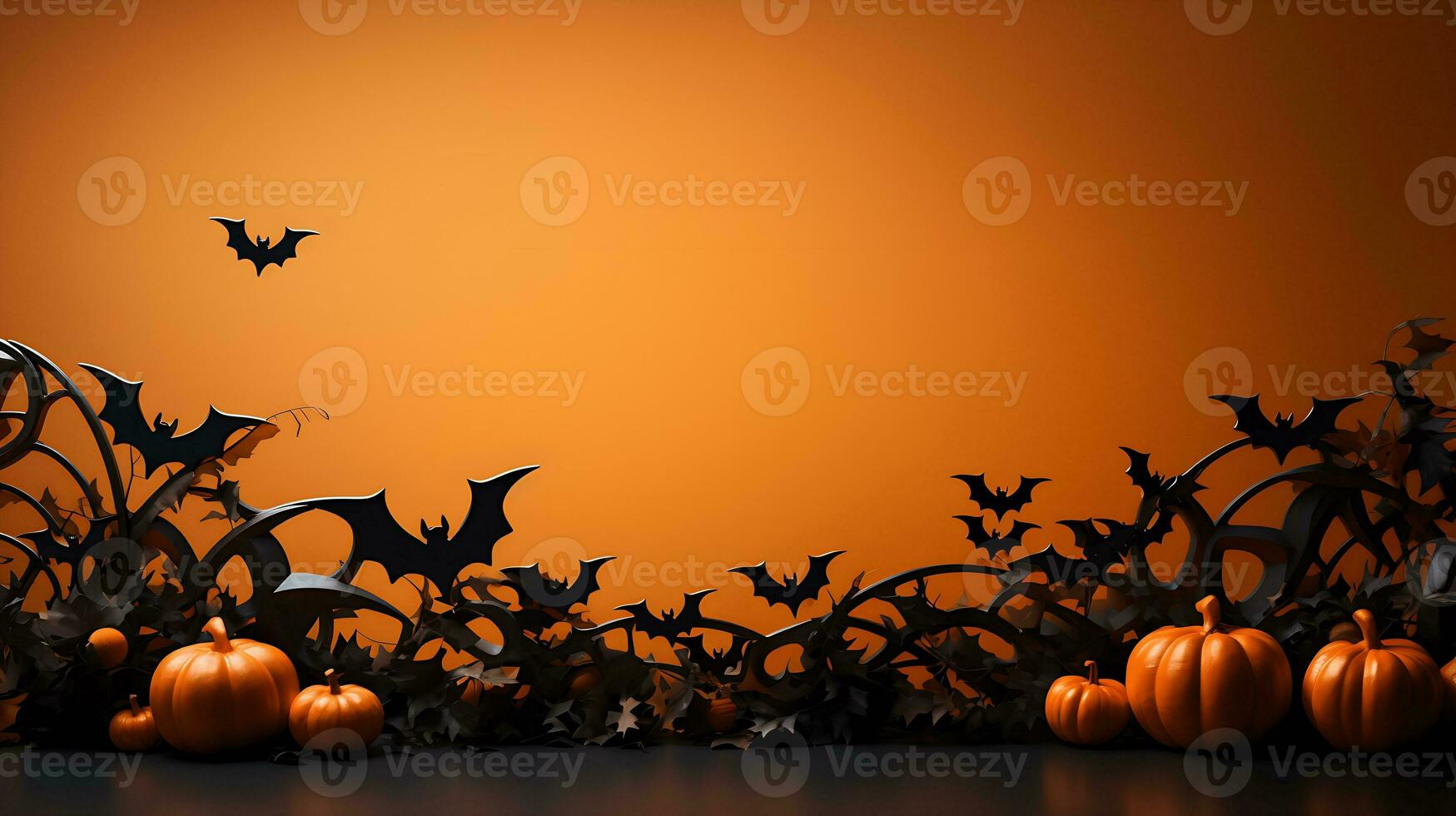 Halloween concept. Bats on orange background. Halloween party greeting card with place for text. Generative AI photo