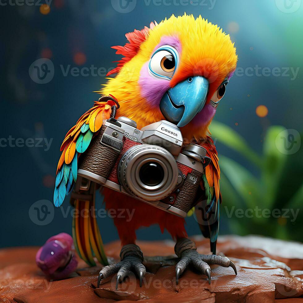 A colorful parrot with a camera in the style generated by Ai photo