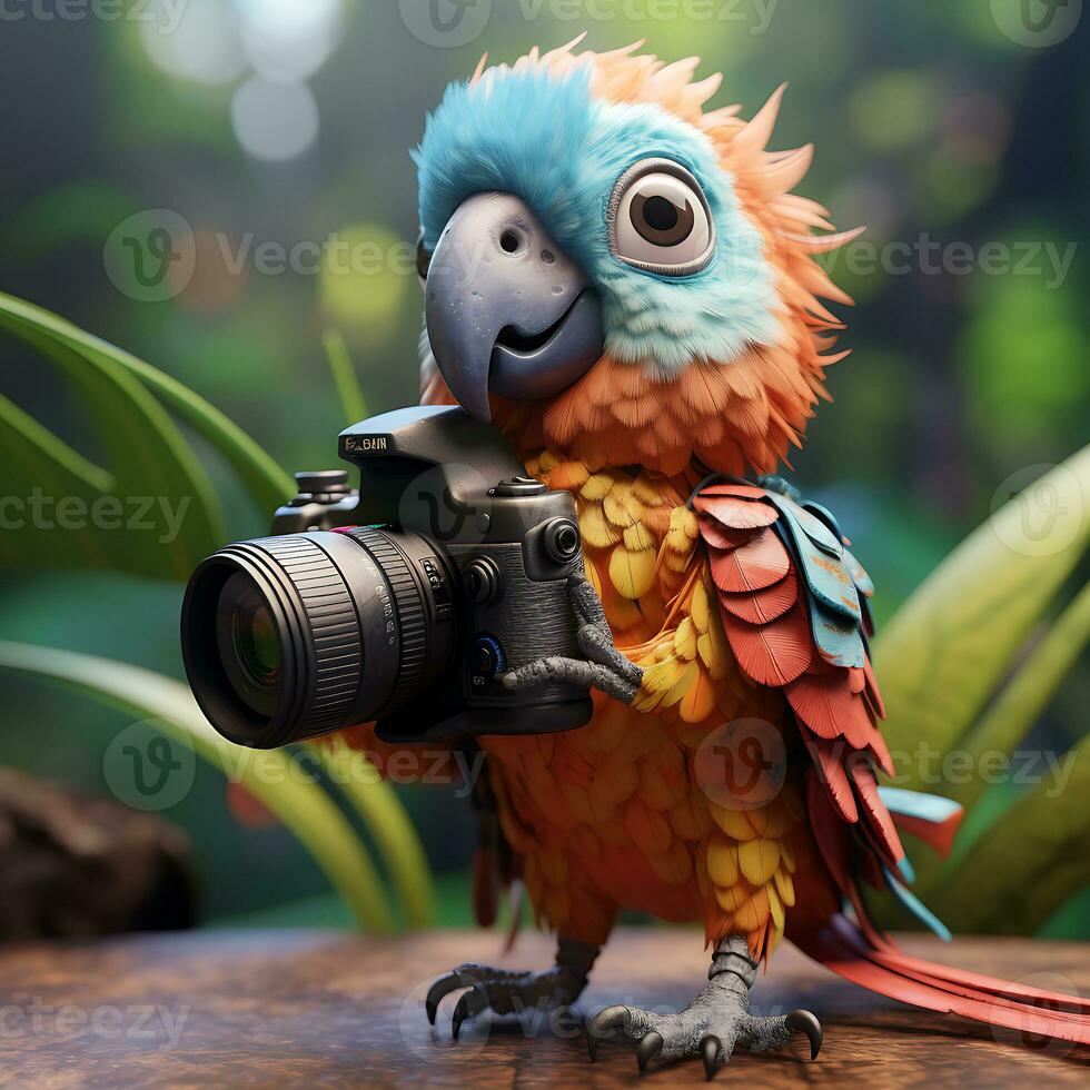 A colorful parrot with a camera generated by Ai photo