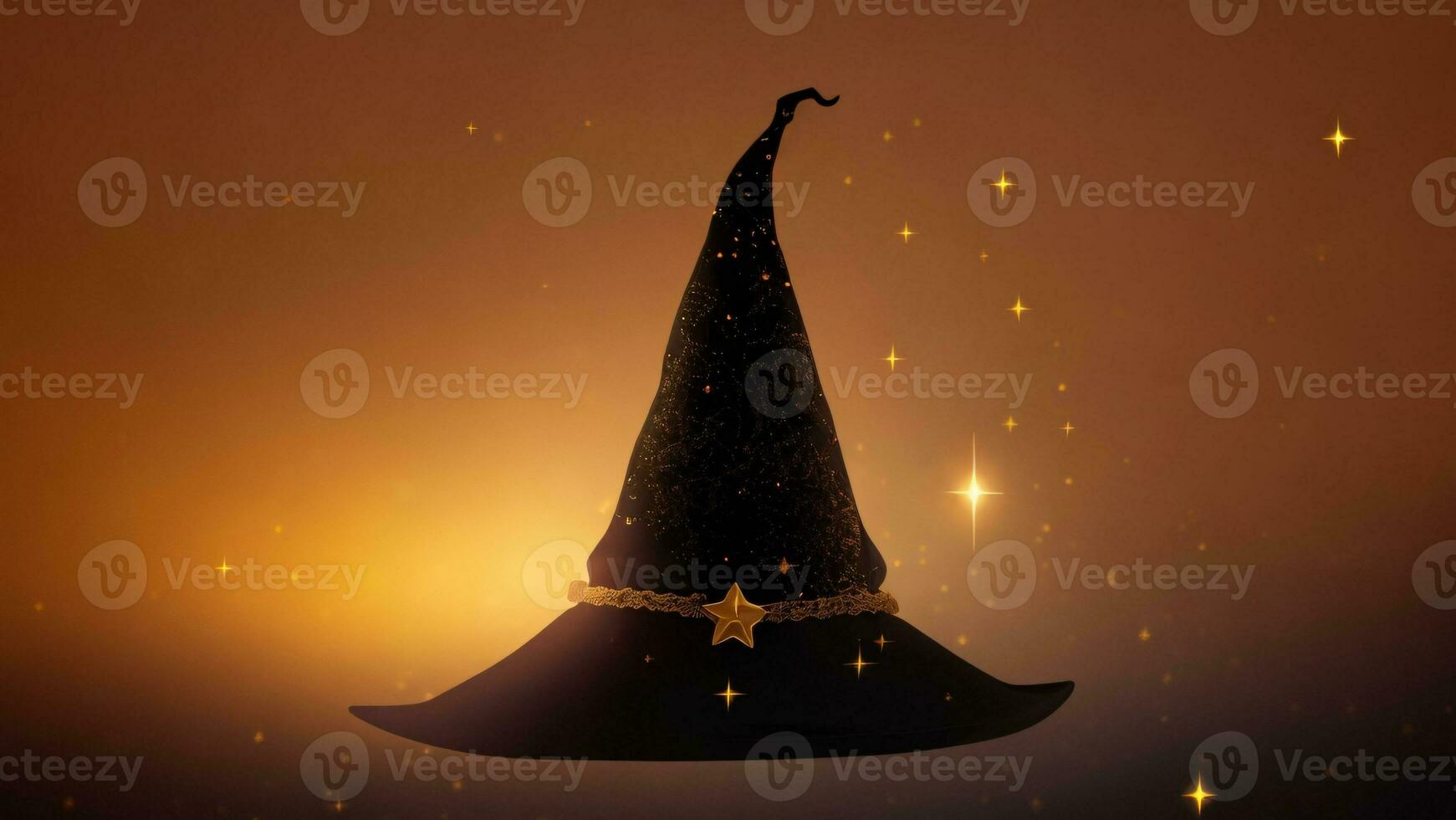 Halloween witch hat with stars and bokeh on gold background ai generated photo