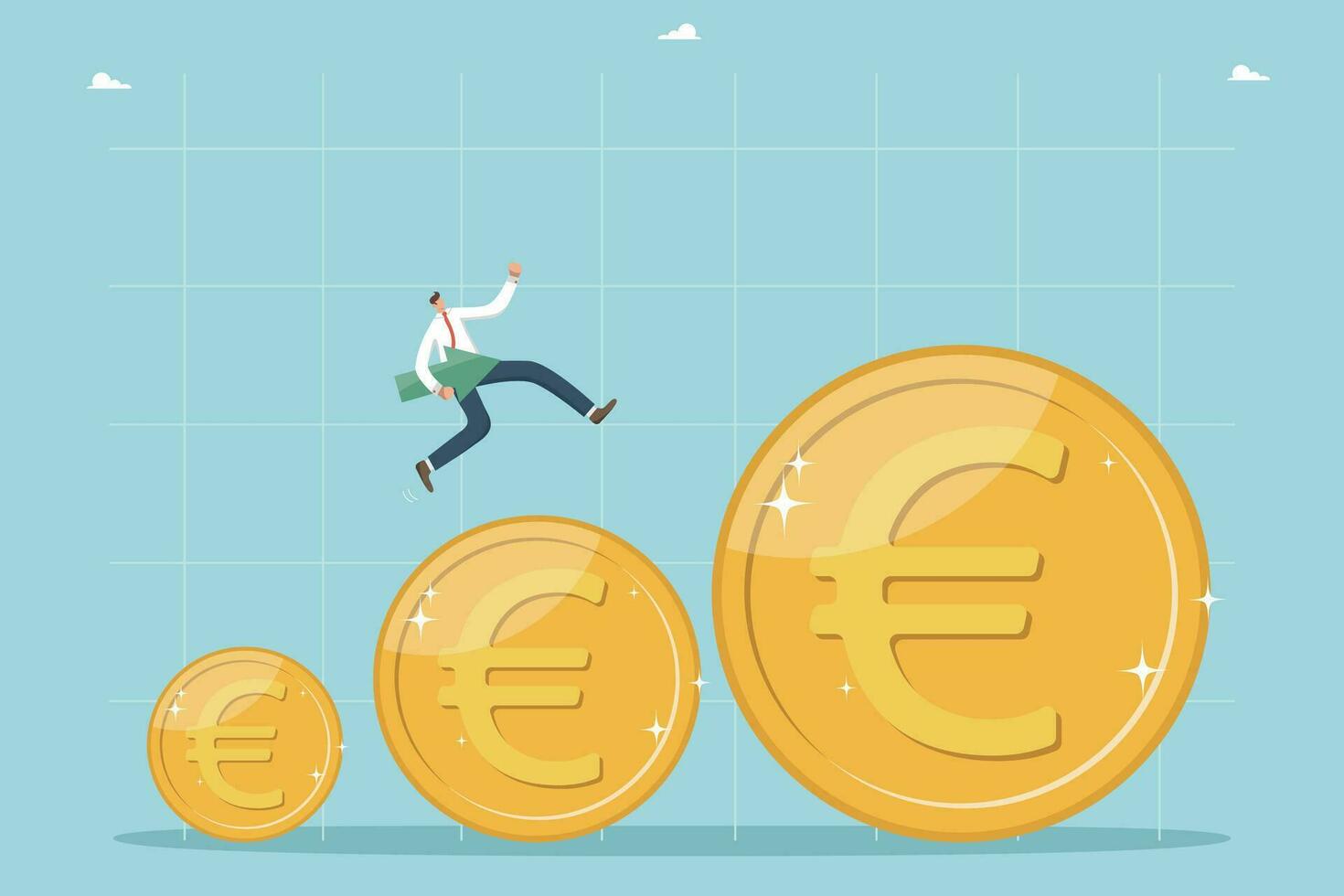 Increase in income and wages, financial growth and enrichment, increase in value of business and investment portfolio, rise in living standards and GDP, a man with arrow runs on increasing euro coins. vector