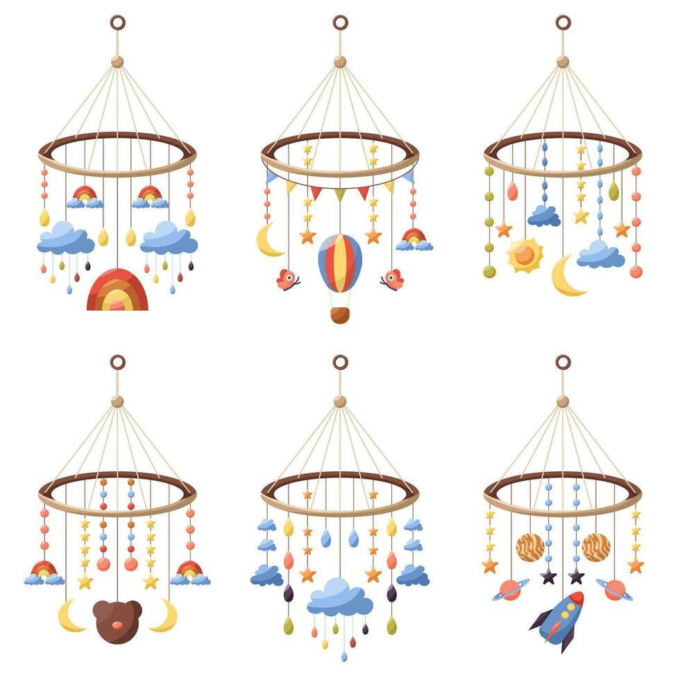 Set of vector illustration of baby mobile, carousel pendant. Rotating hanging accessory for baby cot. Hanging toy with stars, clouds, crescent, rainbow, drops, sun, bear, rocket, planets, butterflies.
