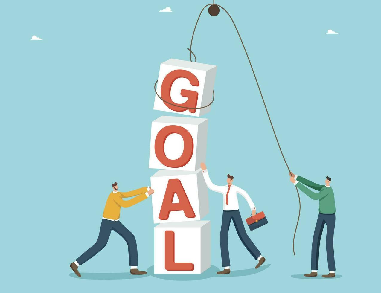 Teamwork to achieve business goals, cooperation and partnership in planning successful strategy, brainstorming to solve work issues, common interests and motivation, people stack word goal with cubes. vector