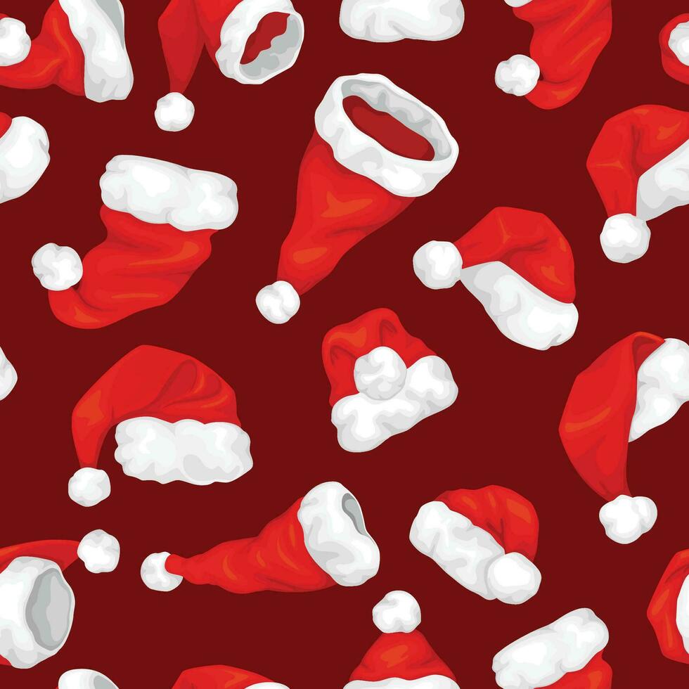 Seamless pattern of diverse santa claus hat. Set of Christmas hats. Vector cartoon background suitable for printing wrapping paper, textiles and various New Year's decorations.