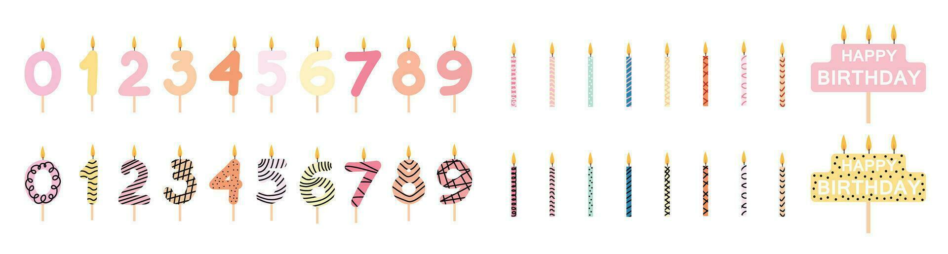 Big set of colorful birthday candles isolated on white background. Birthday candles in the shape of numbers. Burning colorful candles with decoration in flat style. Design elements for party, cards vector