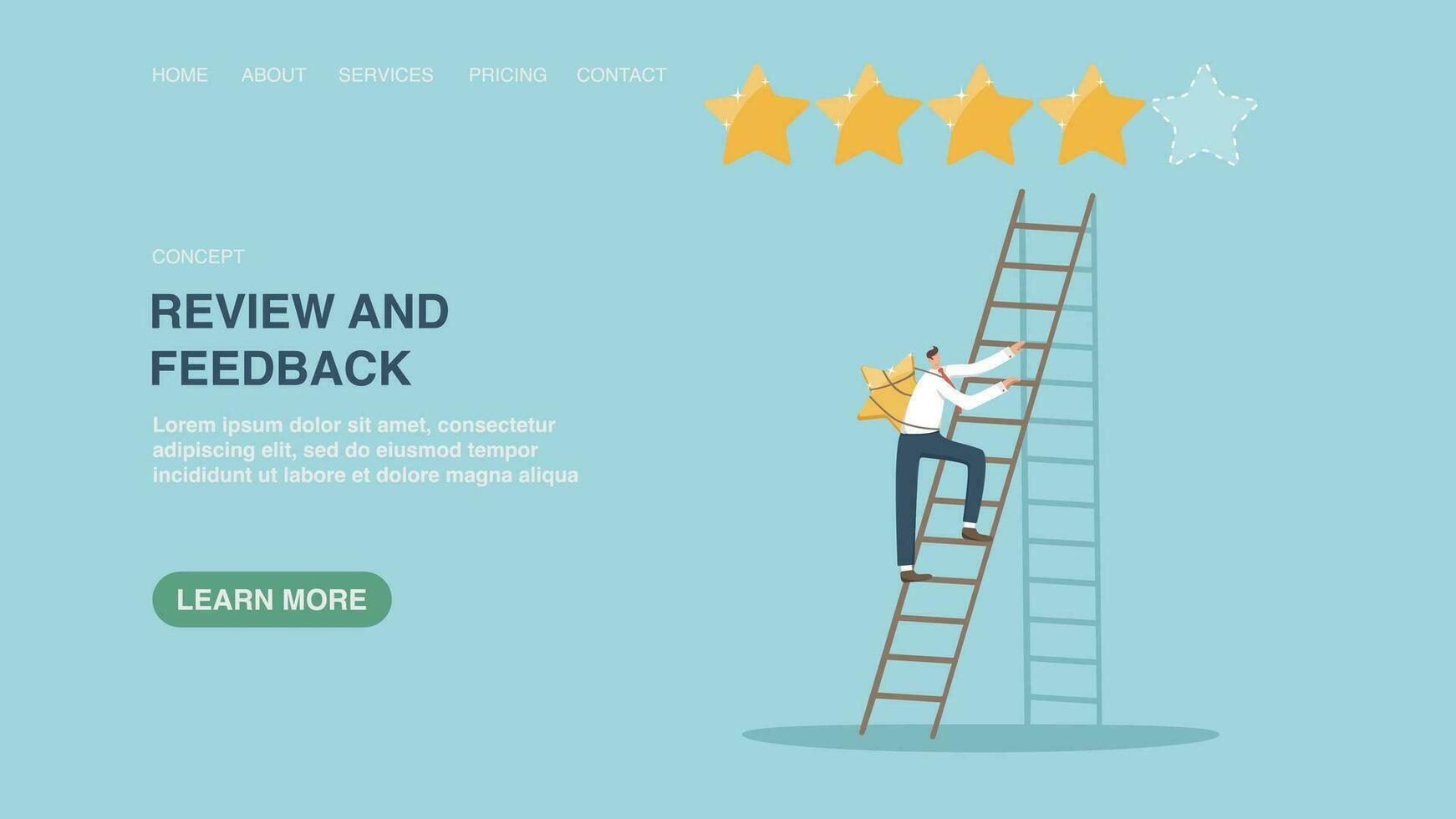 Vector illustration for website or web page with man climbs ladder with star to rating. Five star rating, positive service feedback, user experience, evaluation rank concept, user satisfaction rating.