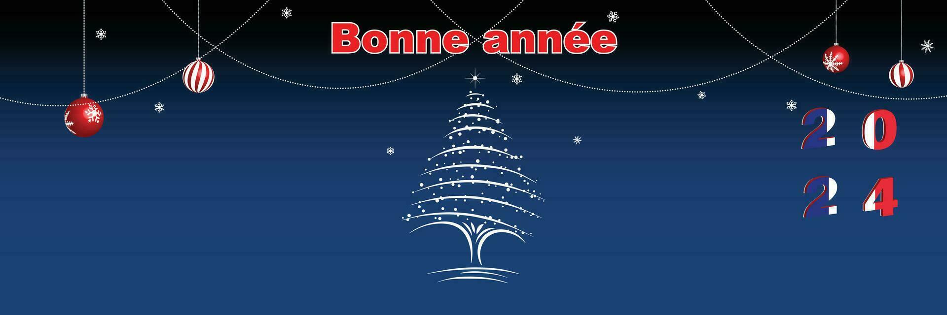 Merry Christmas and Happy New Year web page cover. France flag on the year 2024. Holiday design for greeting card, banner, celebration poster, party invitation. Vector illustration.