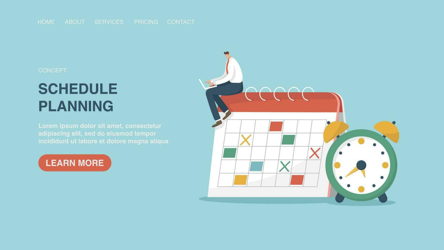Vector illustration for website, web page with man sitting on calendar. Time management, business planning, organizing and adherence to calendar schedule and work plan, notification and reminder.