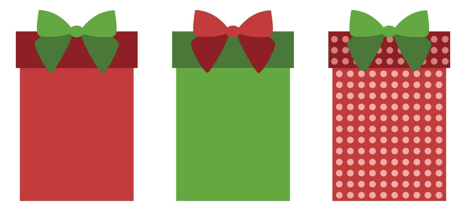 Set of Colorful Gift boxes with Bows isolated on white background. Vector illustration. Cheerful Holiday collection in Christmas colors, Red, green and dotted present. Design New Year Package element