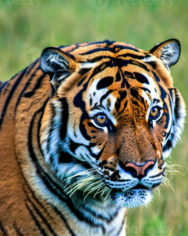 foto de cerca paisaje Disparo de un Bengala Tigre con verde césped