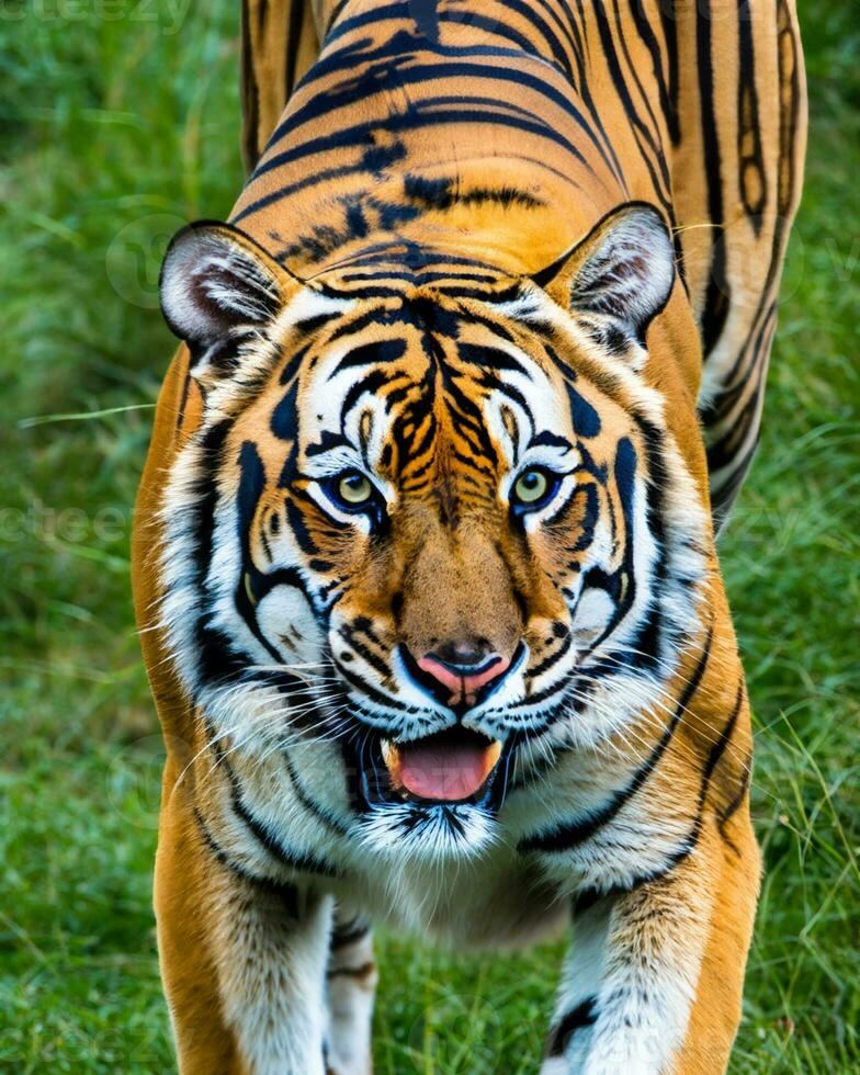 Photo closeup landscape shot of a Bengal Tiger with green grass