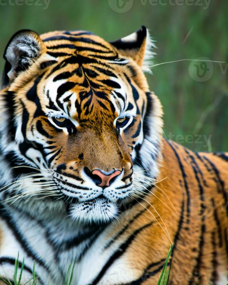 Photo closeup landscape shot of a Bengal Tiger with green grass