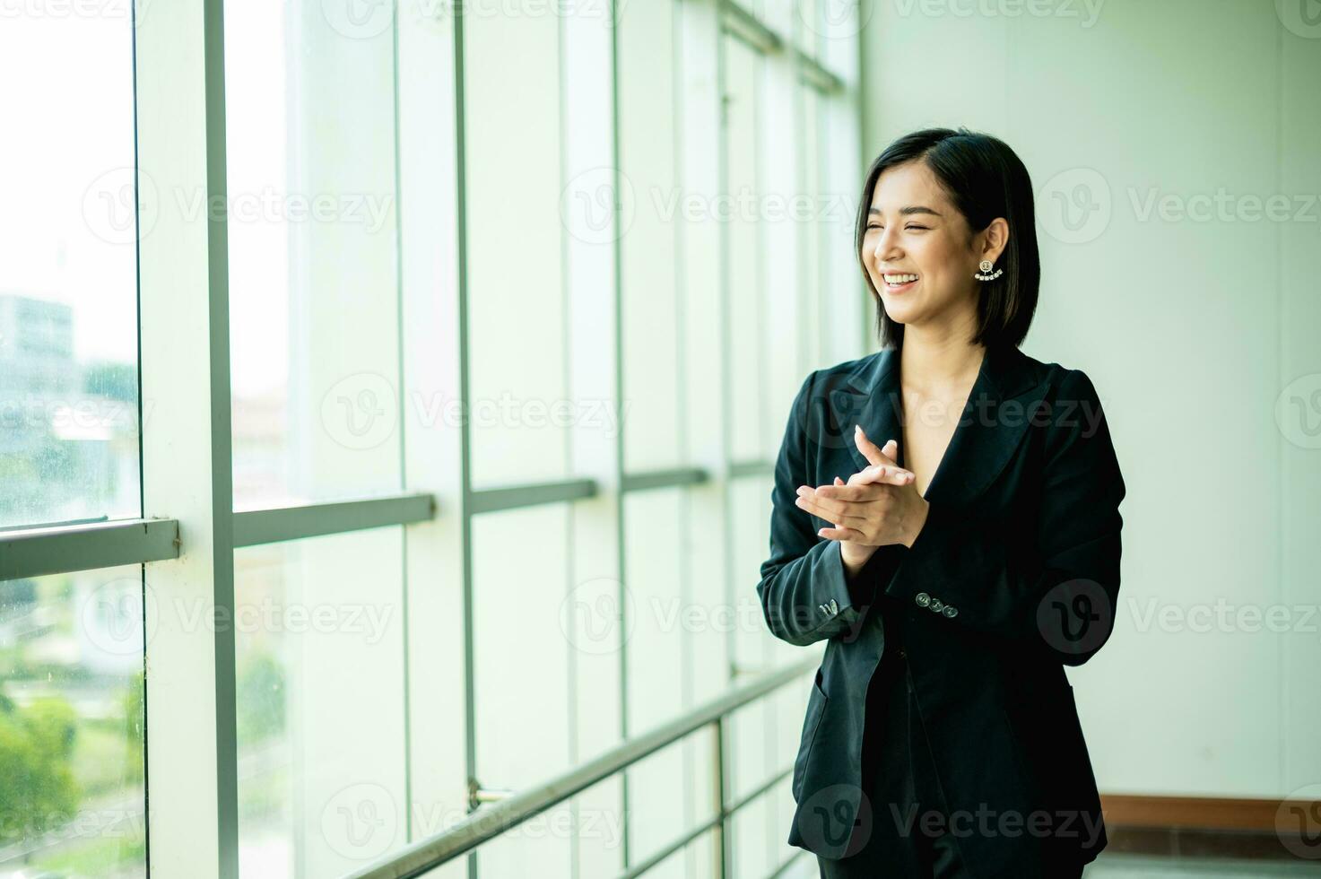 young business woman Strong energy to be successful in business, work and making money, joy, smile, confidence and good vision and a good work strategy. photo