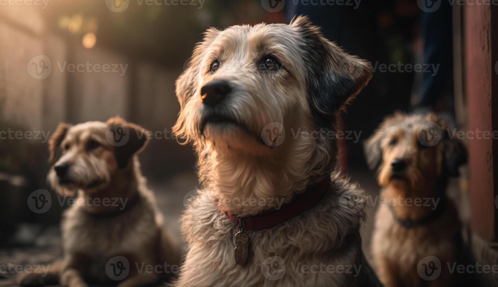 Cute three terrier dog sitting and looking at same thing. AI Generated photo