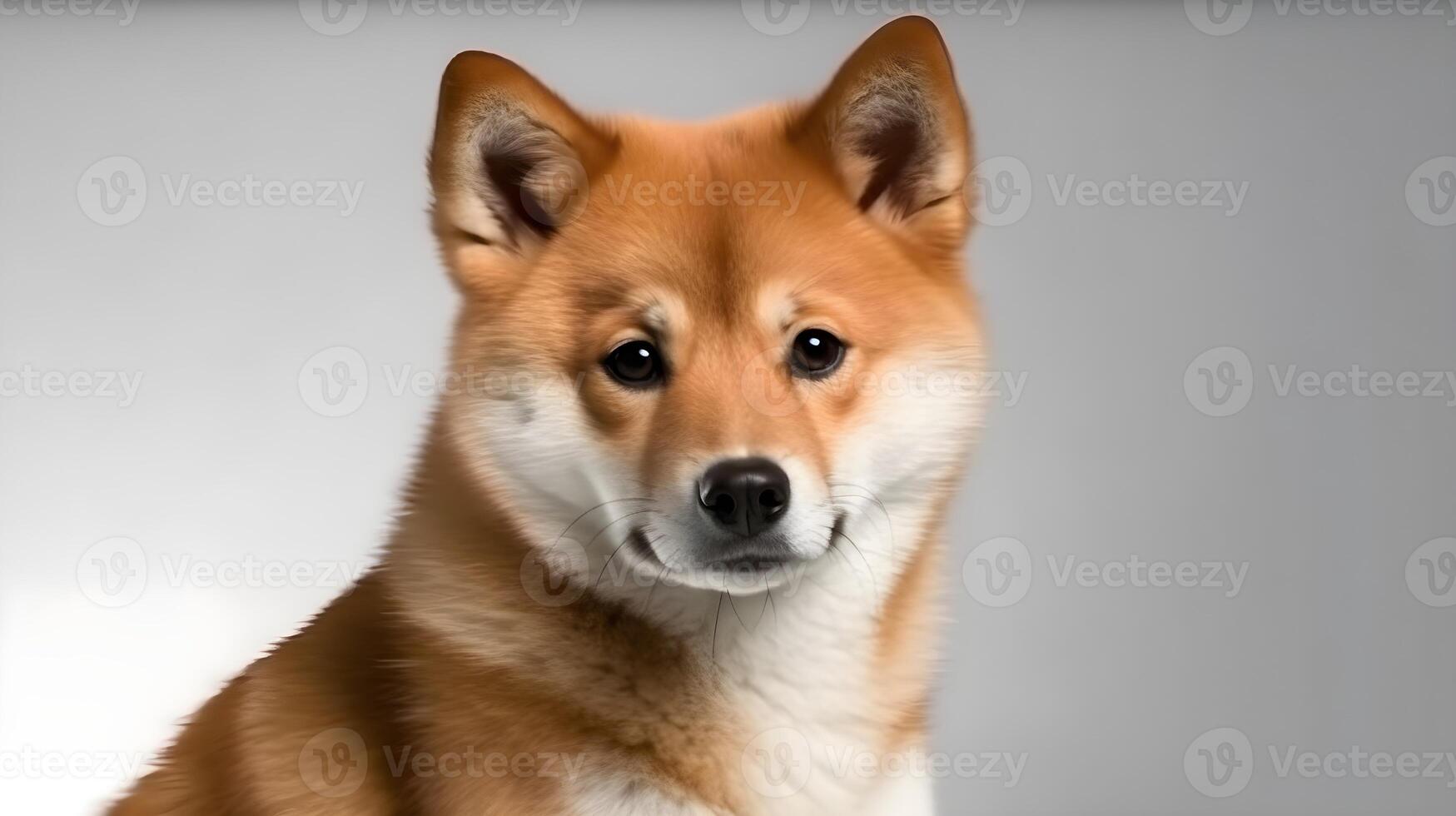 Portrait of cute brown orange white Shiba Inu dog puppies pose and look at the camera, studio shot, isolated on gray background. AI Generated photo