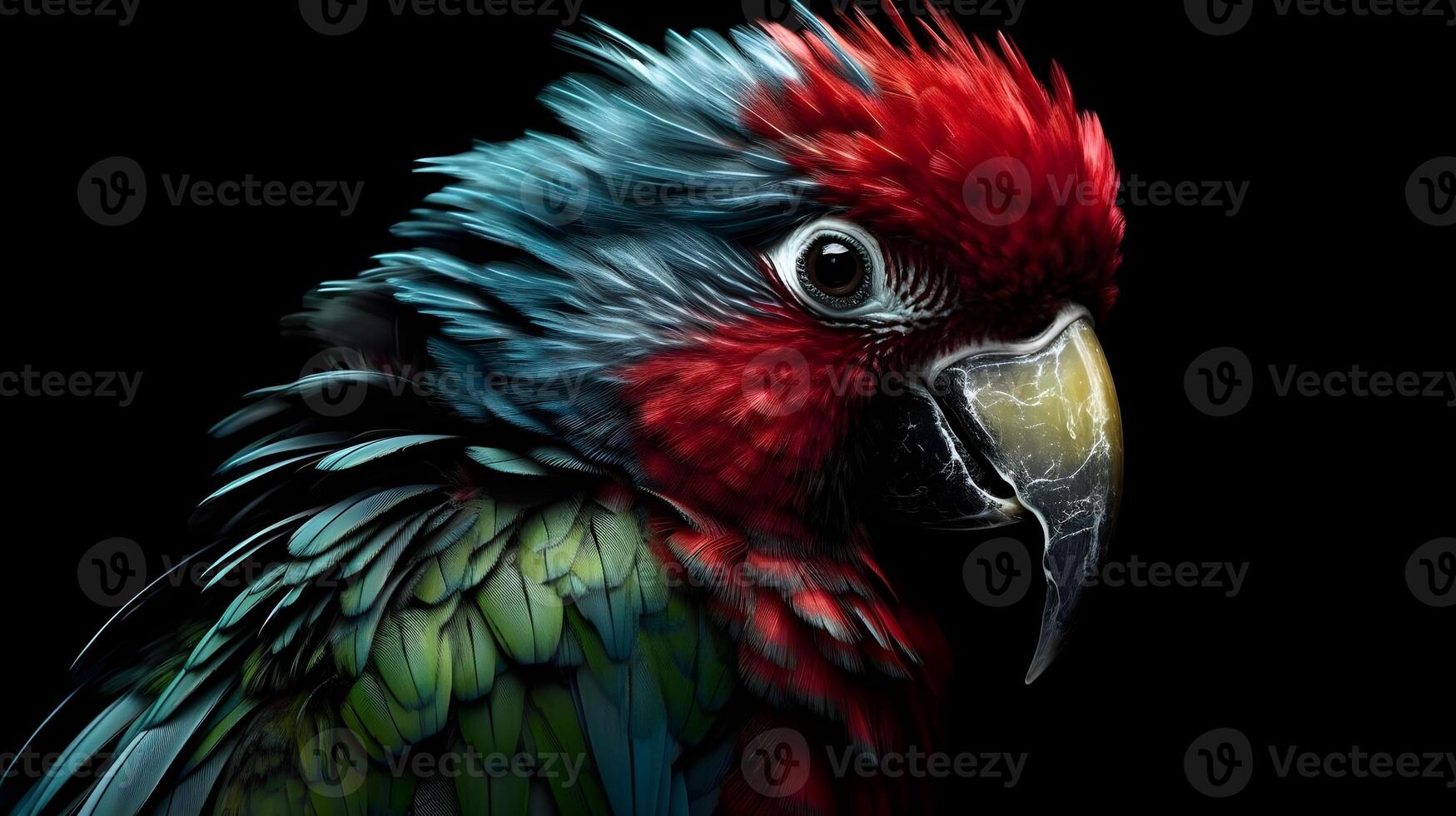 Close up portrait shot blue red Scarlet Macaw parrot bird nature blur bokeh background. AI Generated. photo