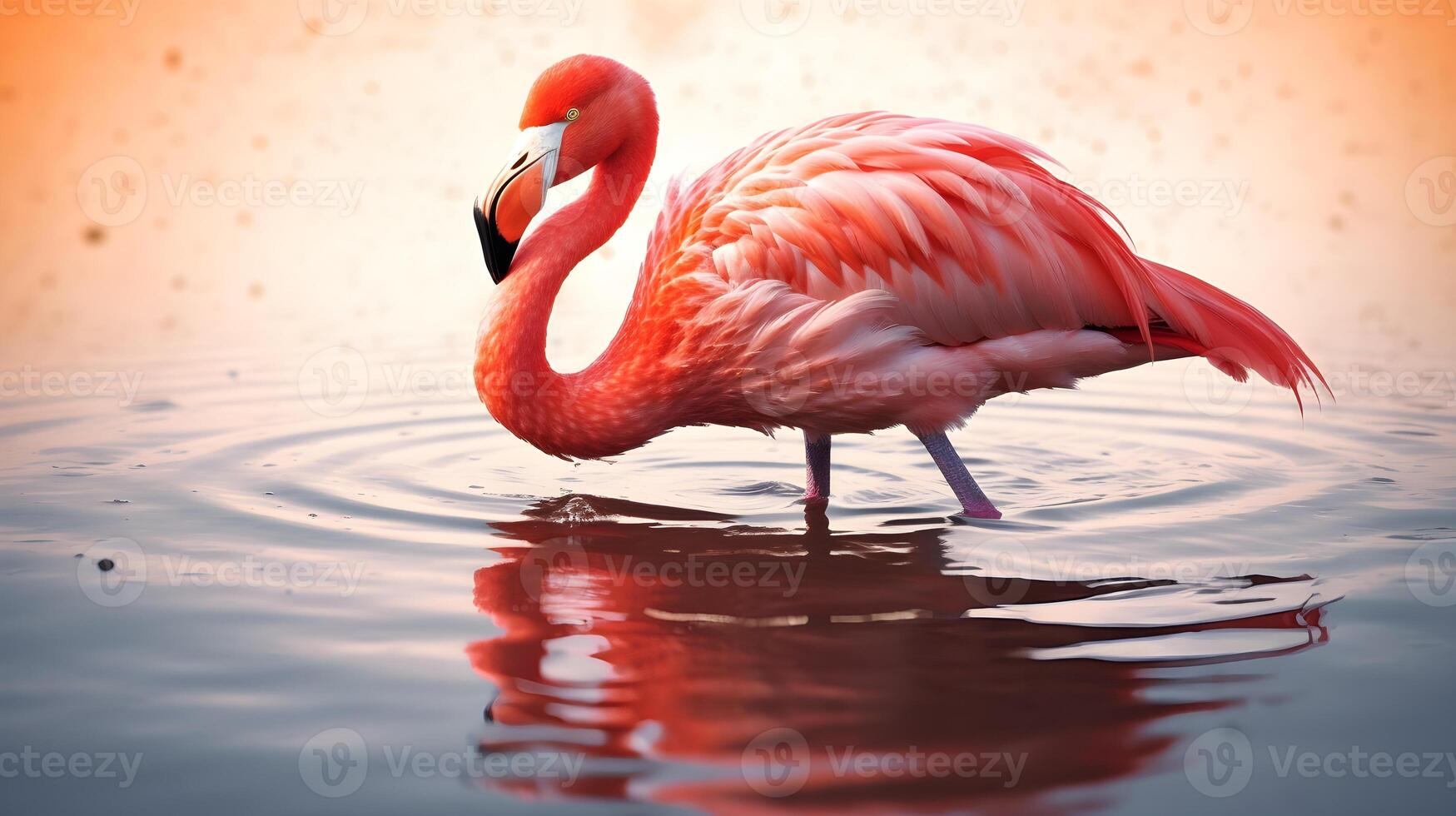 Red American flamingo birds in the water and reflection. AI Generated. photo