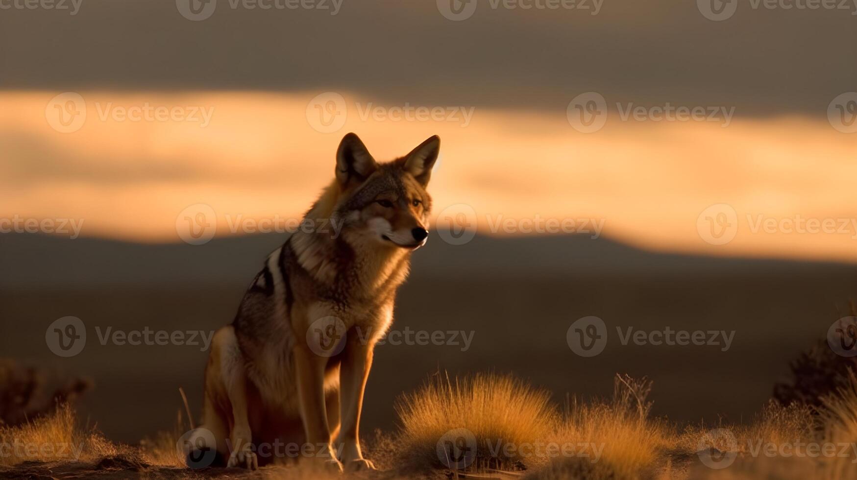 Coyote sit and observe the prey, nature background.  AI Generated. photo