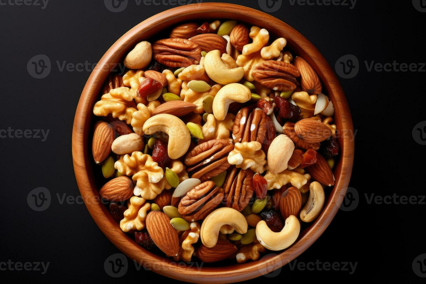 Top view of nut mix in bowl on black background AI Generative photo
