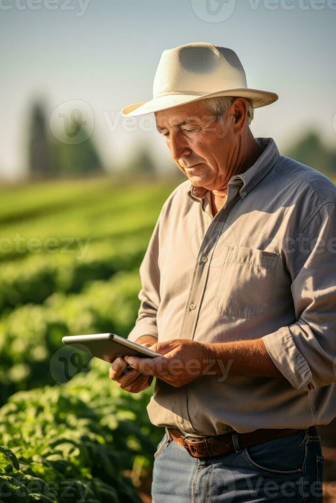 Thoughtful elderly man farmer standing with tablet computer in front of farm AI generated photo