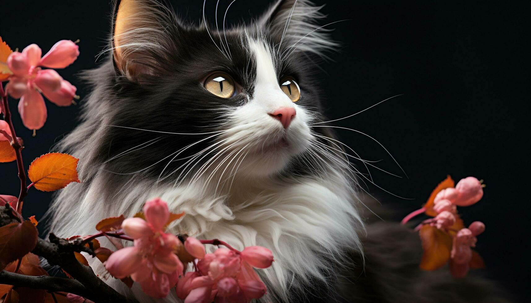 Cute domestic cat sitting, looking at camera, surrounded by flowers generated by AI photo