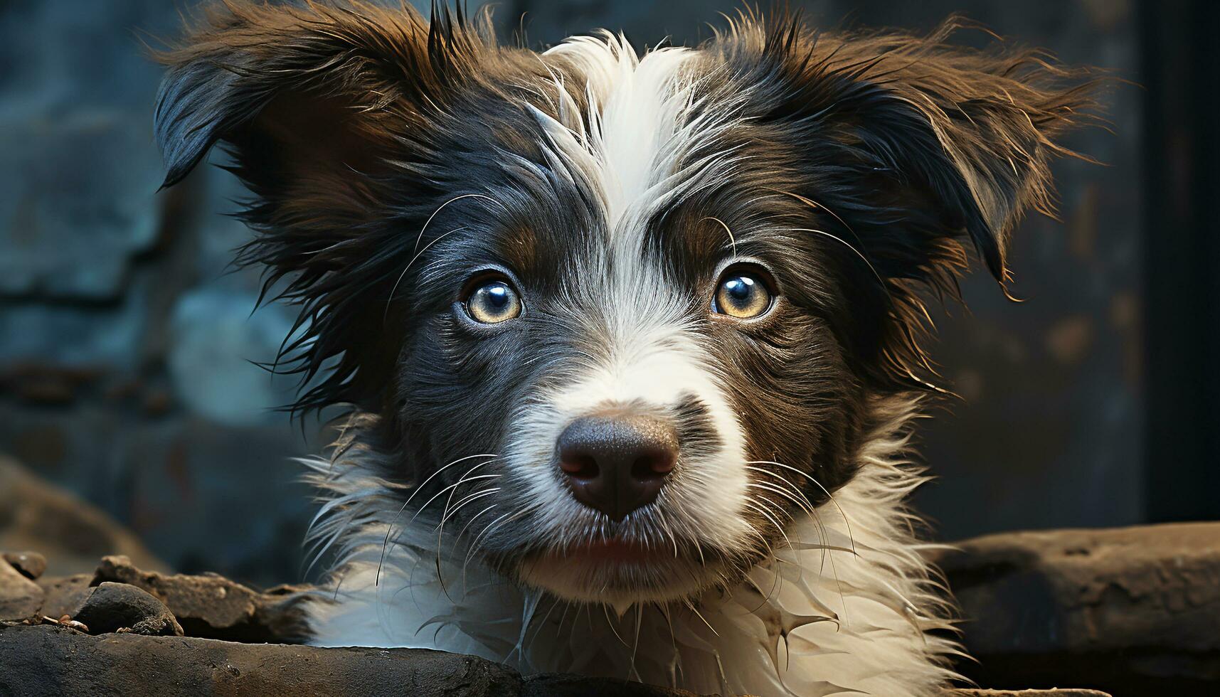 Cute puppy sitting, looking at camera, wet fur, fluffy hair generated by AI photo