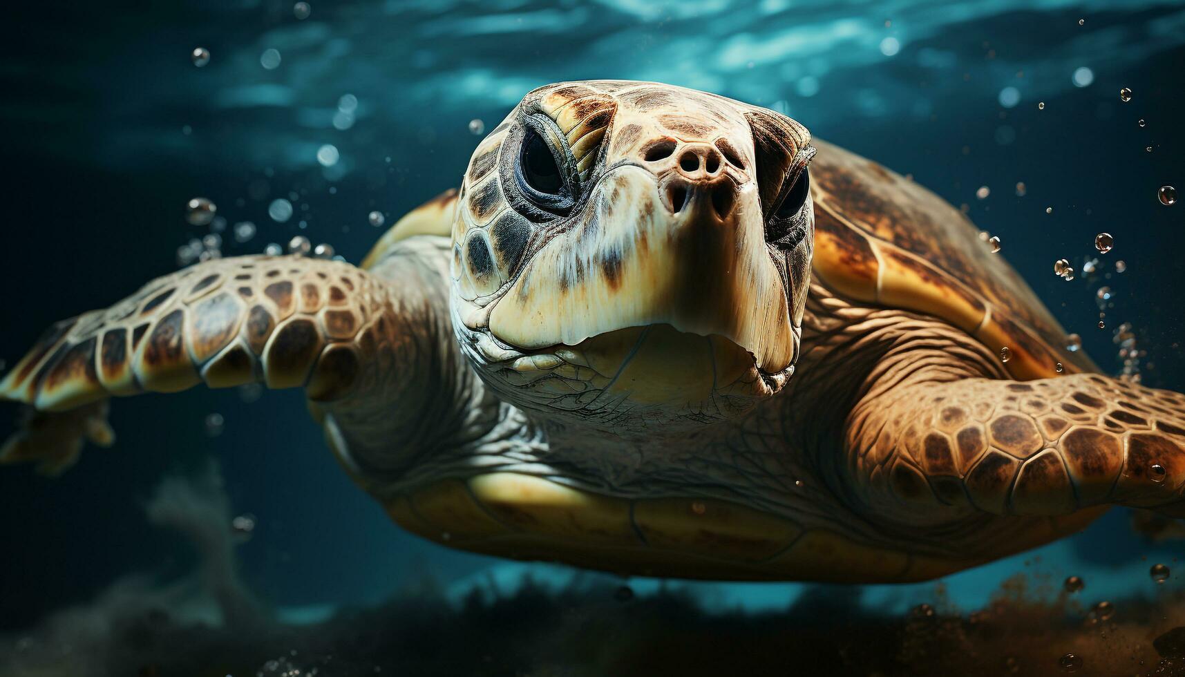 A slow swimming turtle in the underwater reef, a portrait generated by AI photo