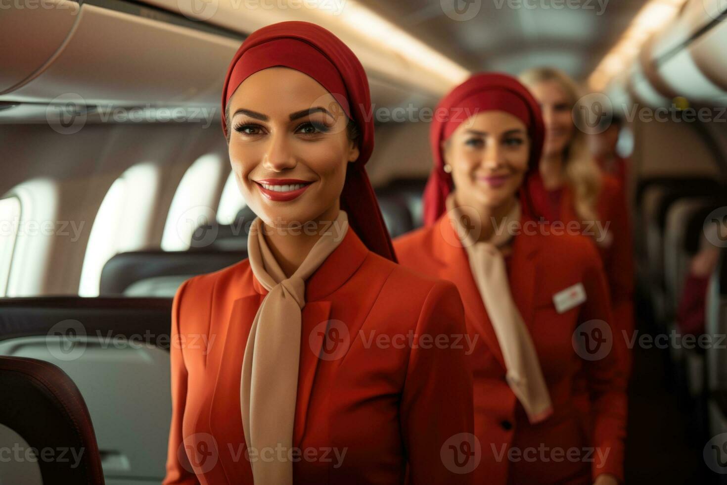 AI generated stewardesses walk gracefully through the cabin photo