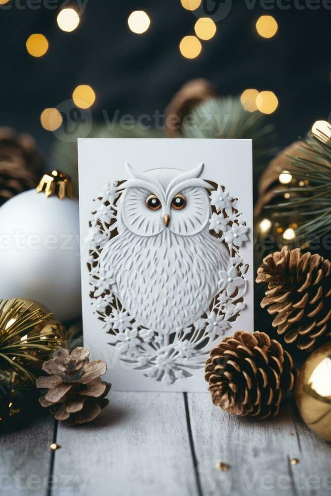 ai generado tarjeta de felicitación blanco búho con arboles y ligero azul fondo, Navidad foto