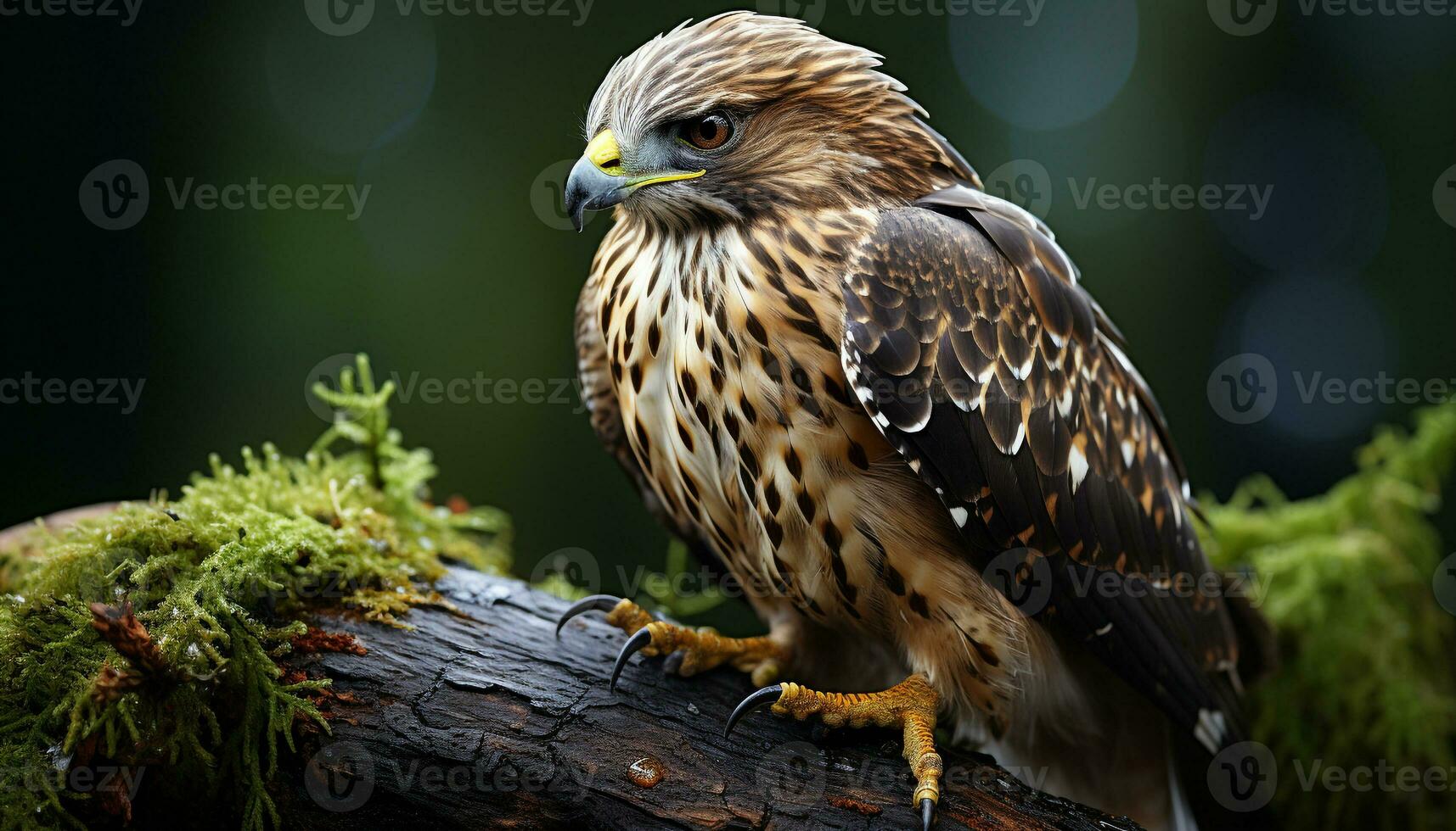 majestuoso pájaro encaramado en rama, curioso con intenso animal ojo generado por ai foto