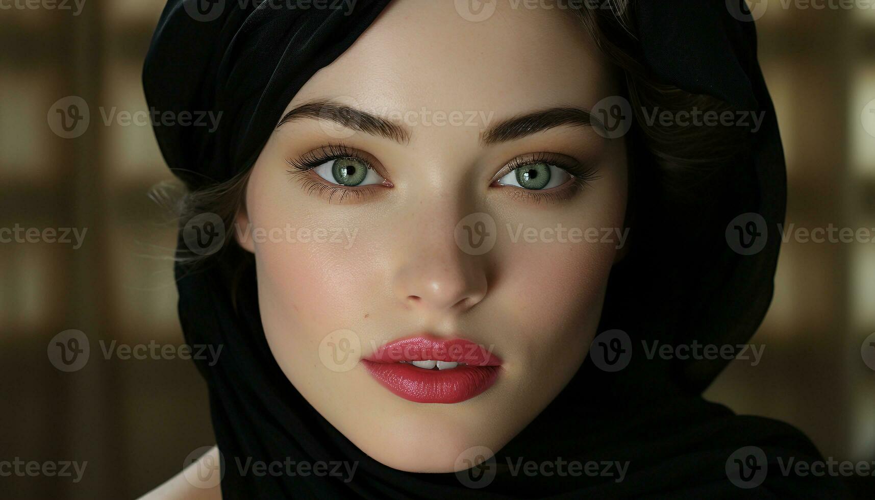 Beautiful woman with brown hair wearing a hijab and makeup generated by AI photo