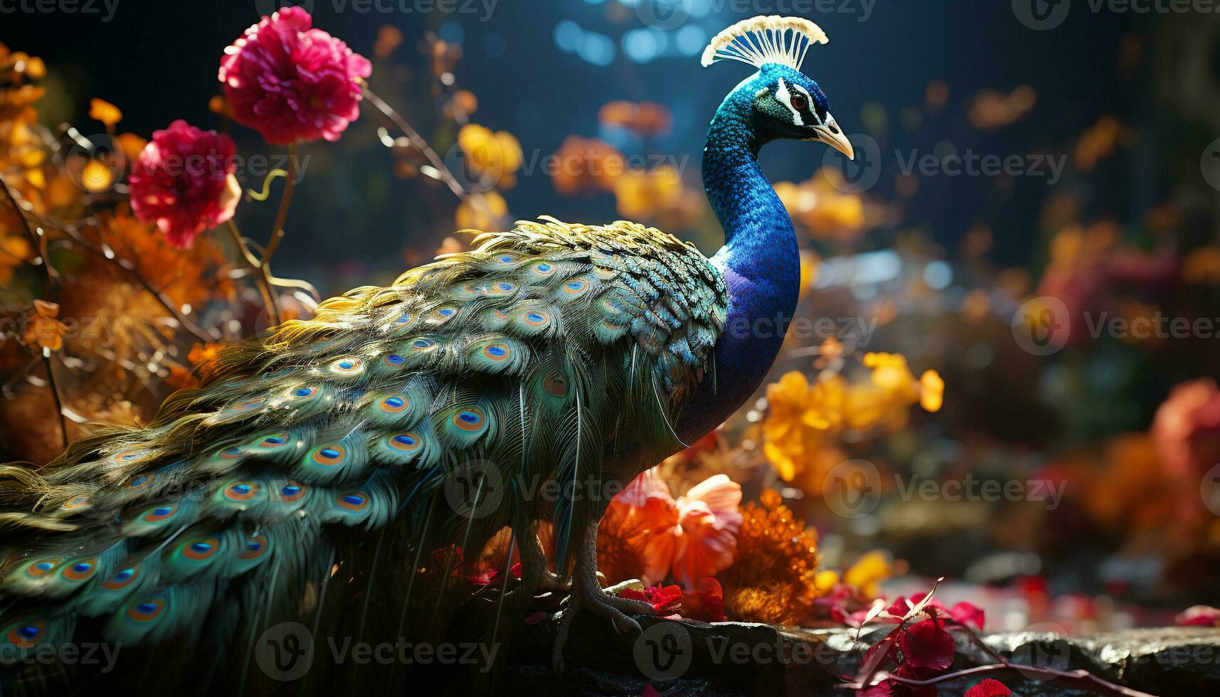 Peacock vibrant feathers showcase nature beauty and elegance in motion generated by AI photo