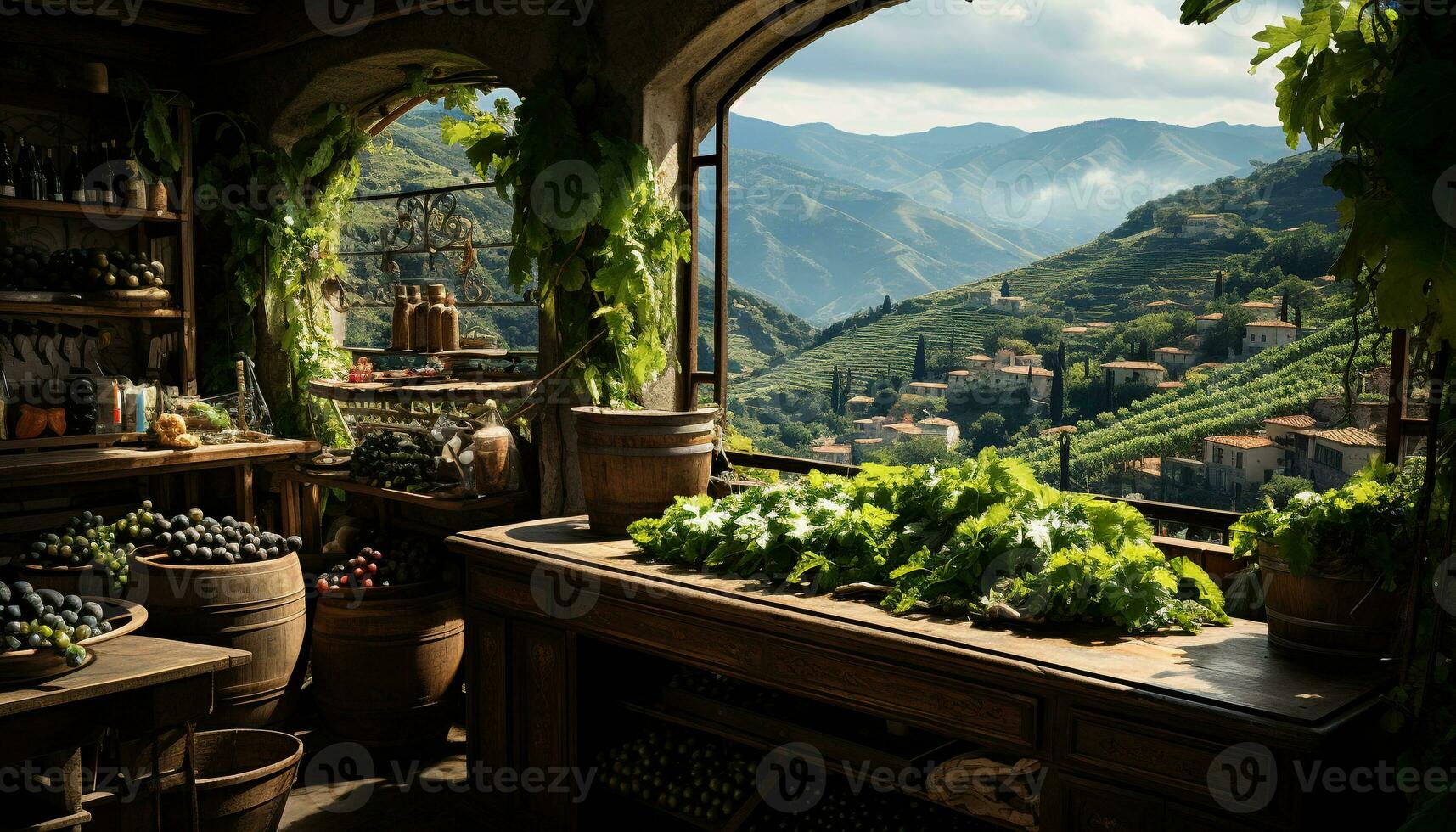 A rustic winery in the mountains, surrounded by green vineyards generated by AI photo