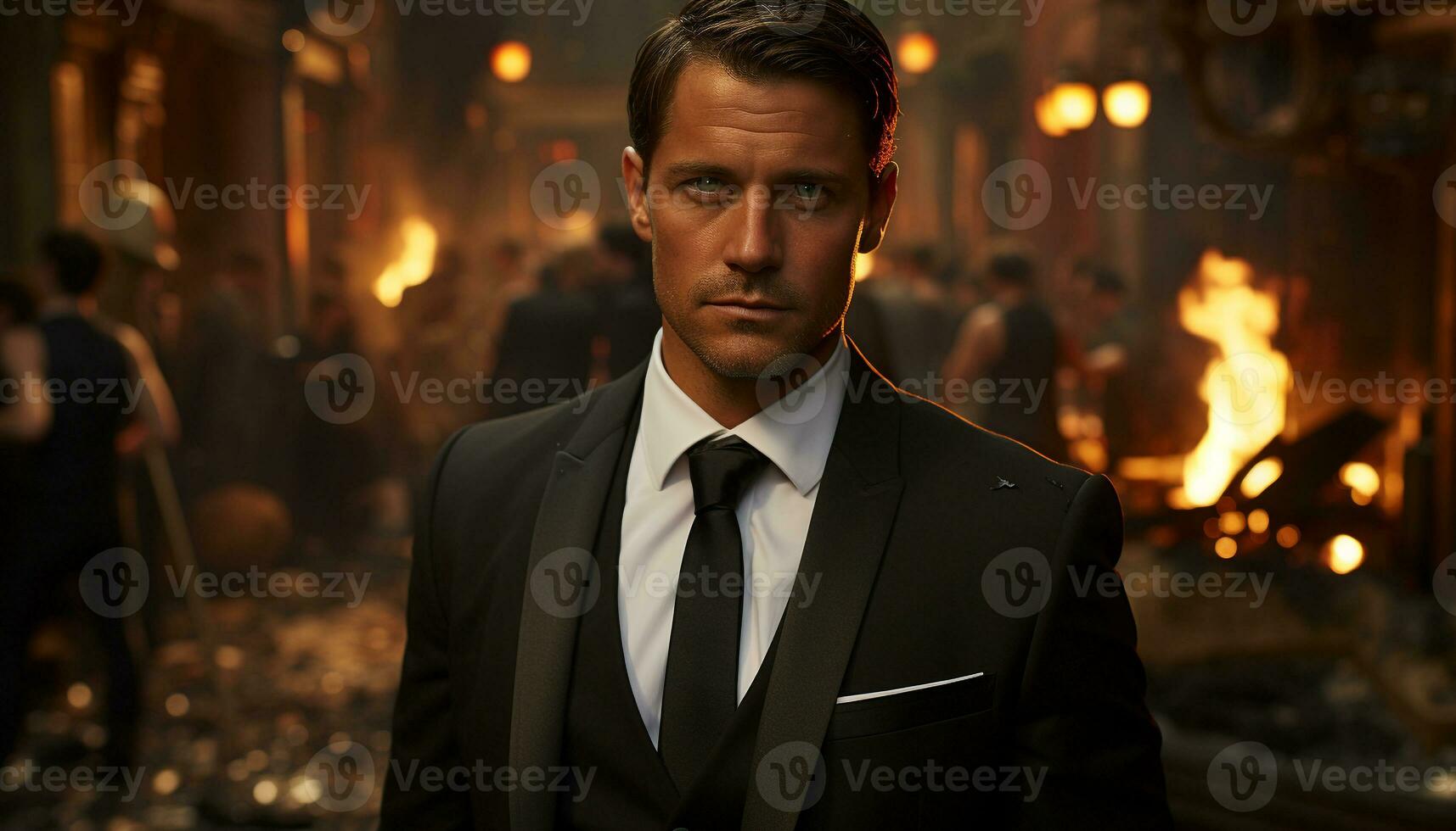 Confident businessman in a suit, standing in the city at night generated by AI photo