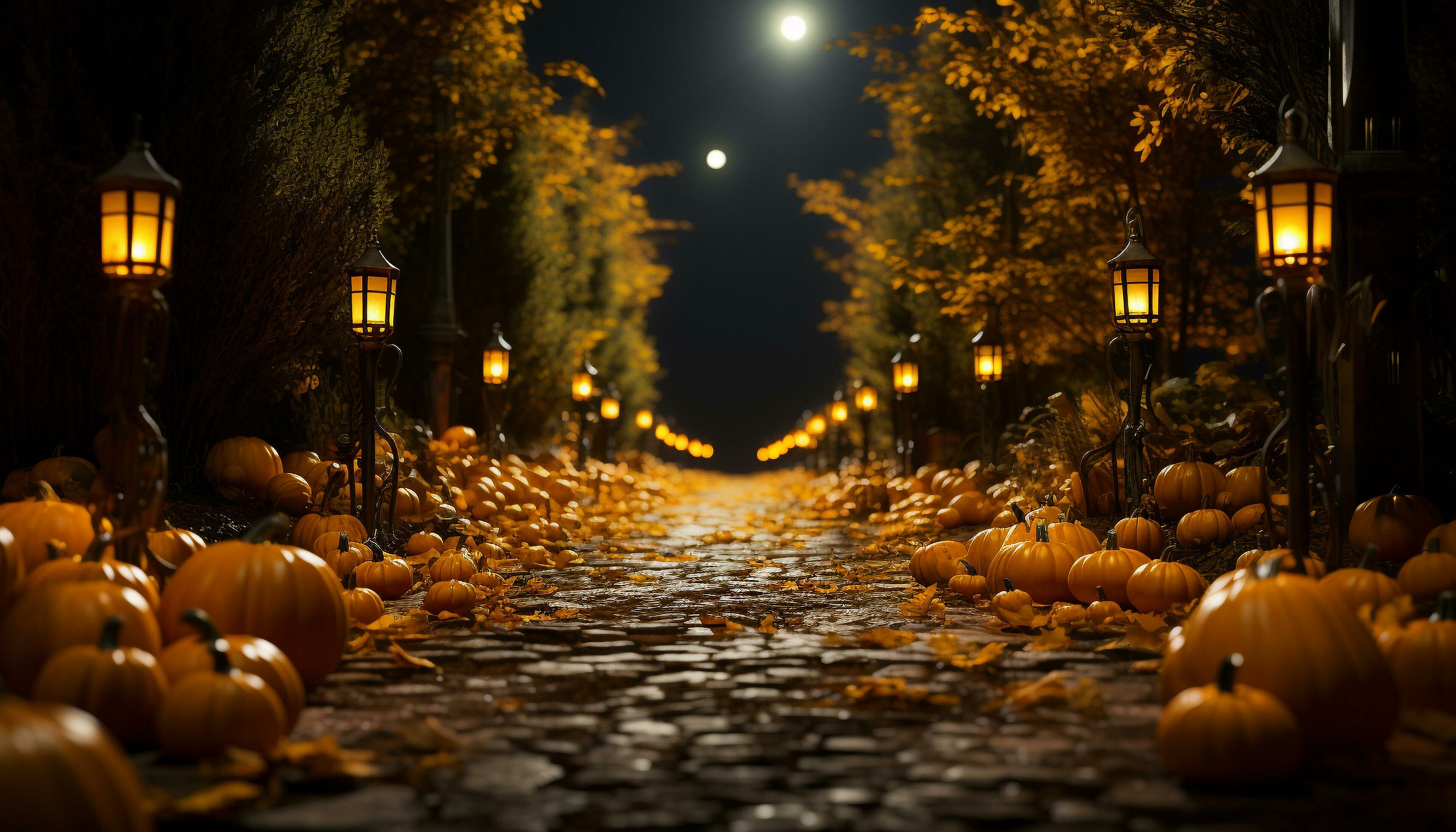 Spooky Halloween night, lantern glowing, autumn decoration
