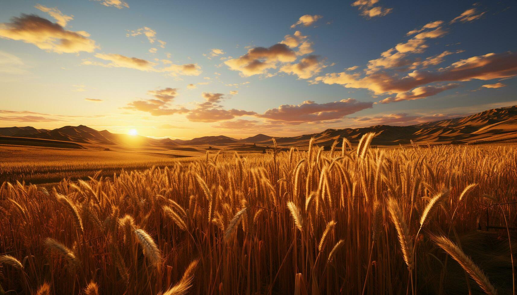 tranquilo puesta de sol terminado rural paisaje, dorado trigo campos en verano generado por ai foto