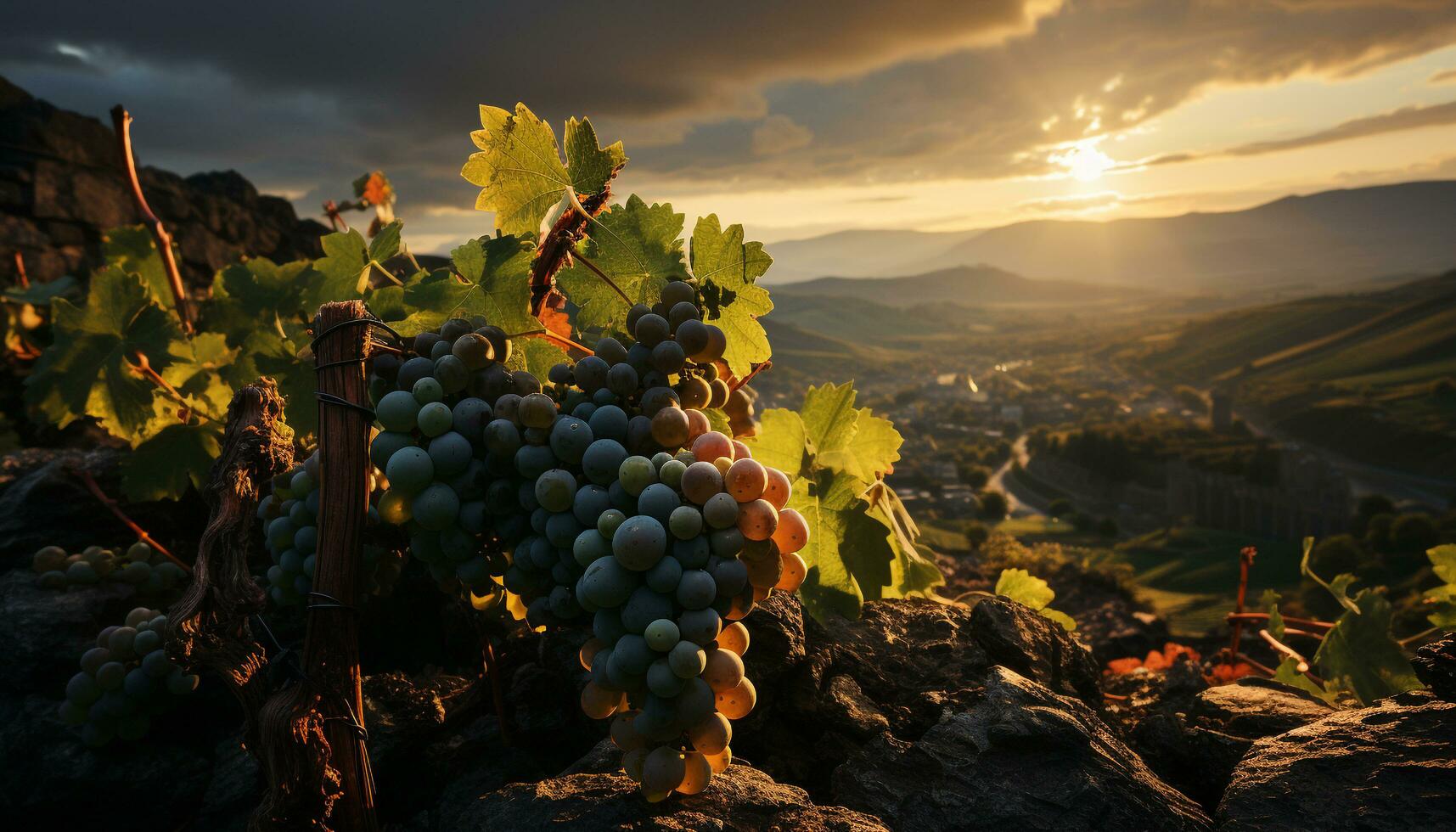 puesta de sol terminado un viñedo, maduro uvas, naturaleza vinificación obra maestra generado por ai foto