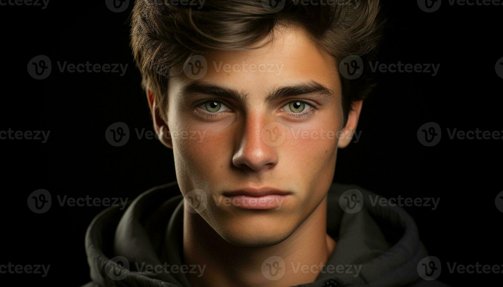 Caucasian men, confident, serious, fashion model, brown hair, staring generated by AI photo