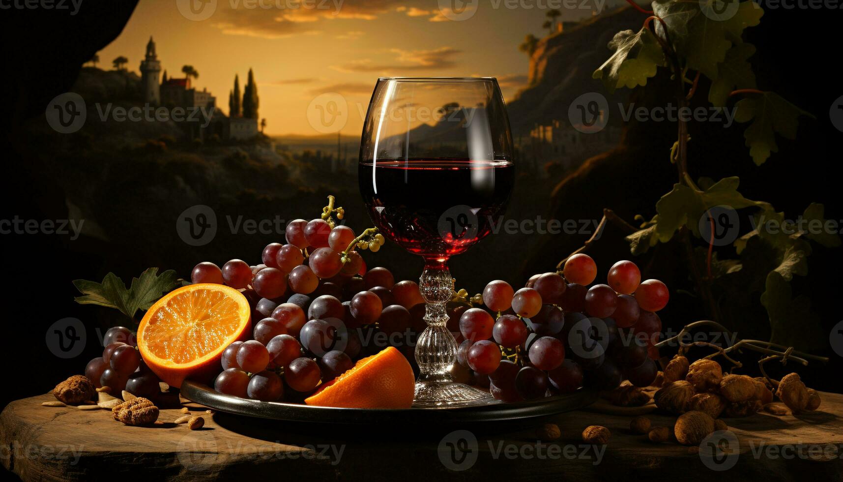 Grape fruit wine food table nature gourmet wineglass wood autumn drink alcohol freshness drinking generated by AI photo