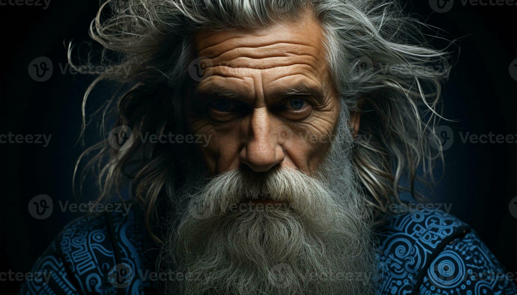 A confident, serious man with gray hair and a beard generated by AI photo