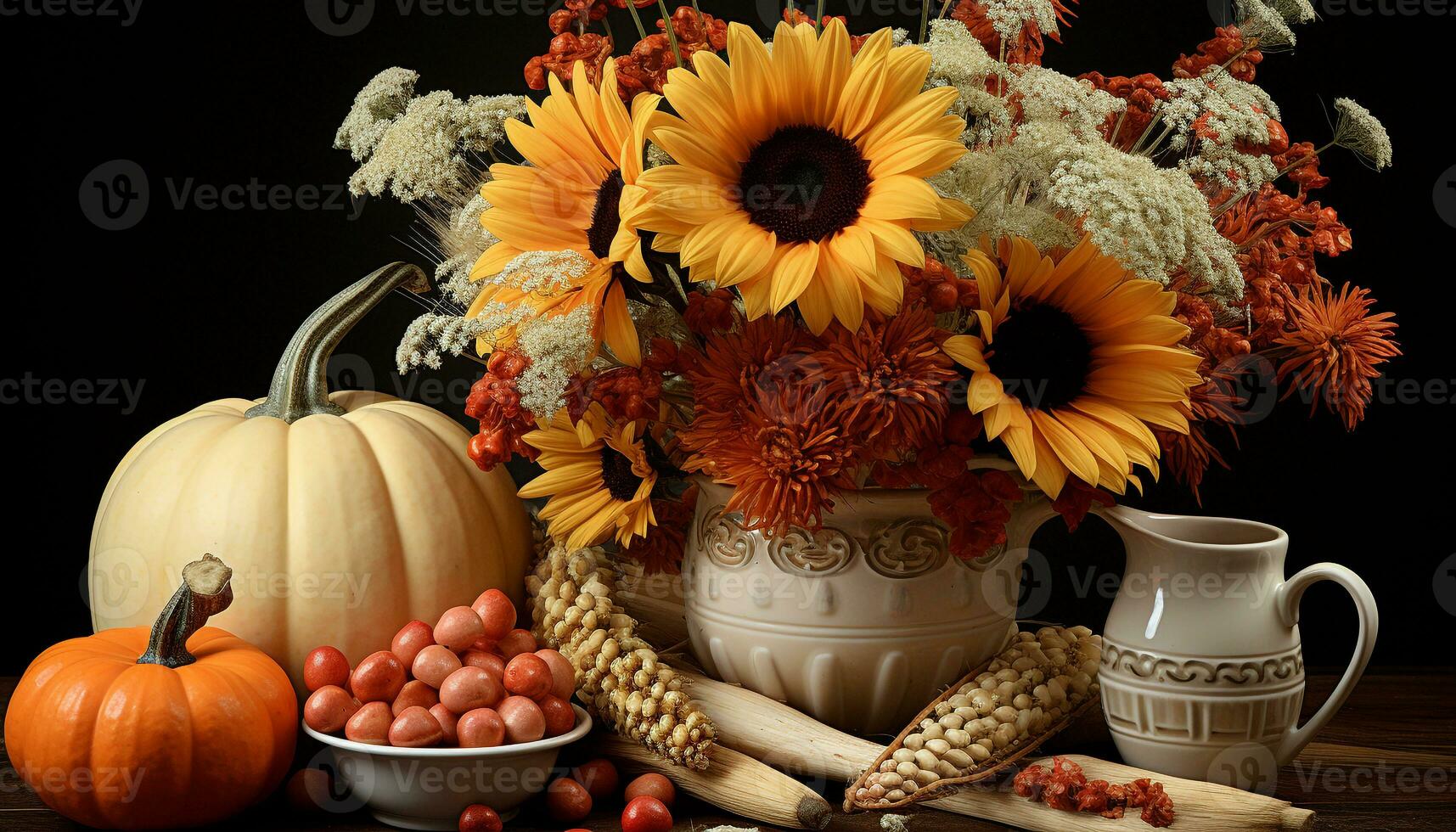Autumn harvest pumpkin, leaf, sunflower, gourd, wheat, cornucopia, grape generated by AI photo